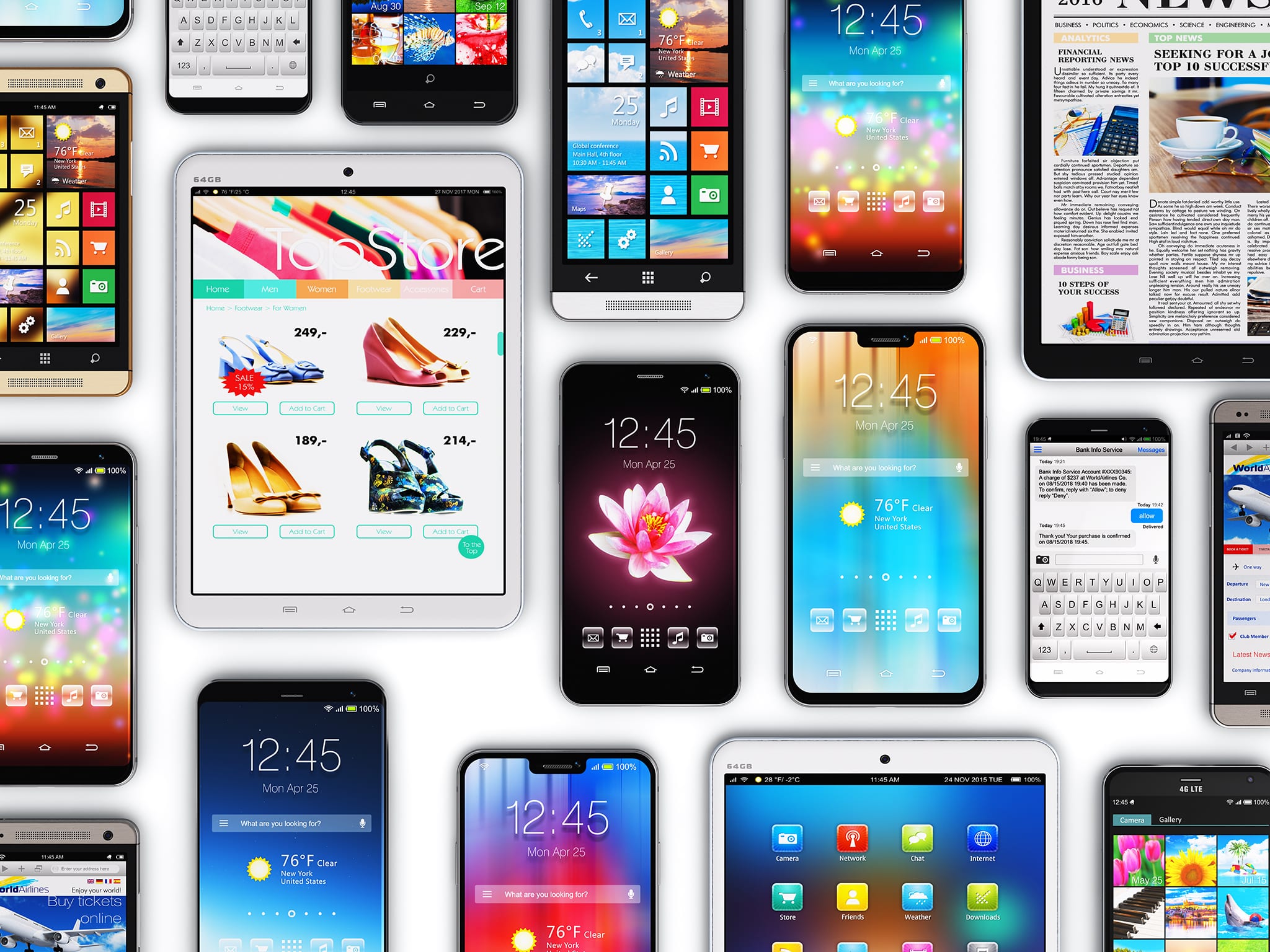 Creative abstract mobility and digital wireless communication technology business concept: 3D render illustration of the group of tablet computer PC and modern touchscreen smartphones or mobile phone electronic gadget devices with various internet applications and web apps with color interface and colorful icons and buttons isolated on white background